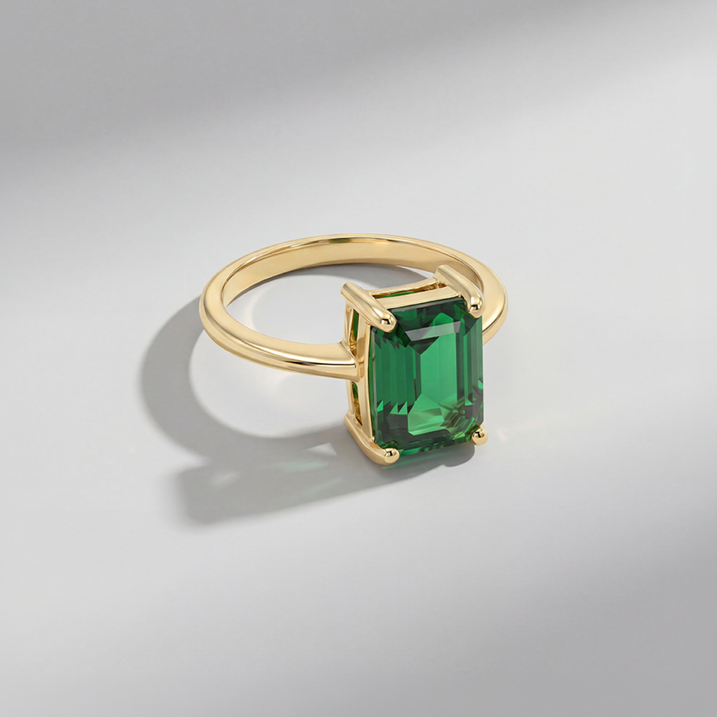 RB Jewelry Emerald Cut Ring - gold ring with rectangular green emerald cut stone