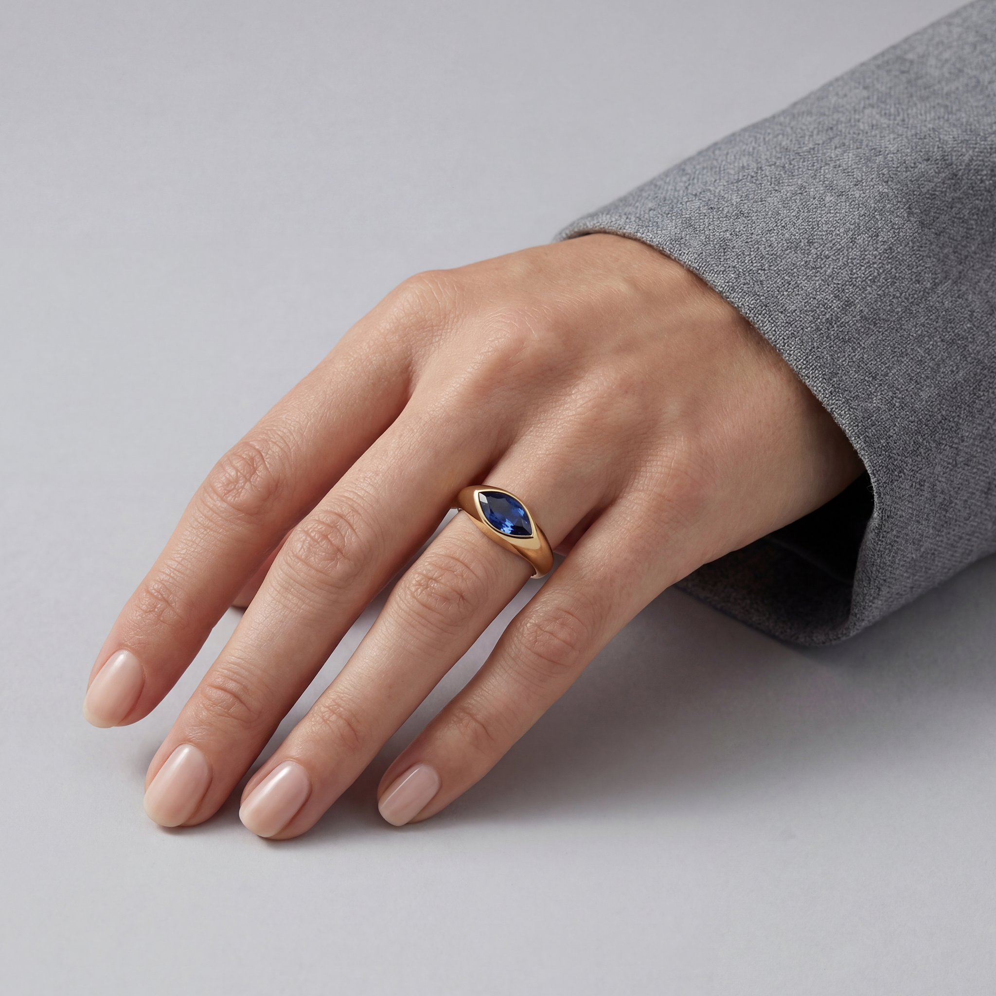 RB Jewelry Marquise Ring - bold blue marquise stone gold ring close up