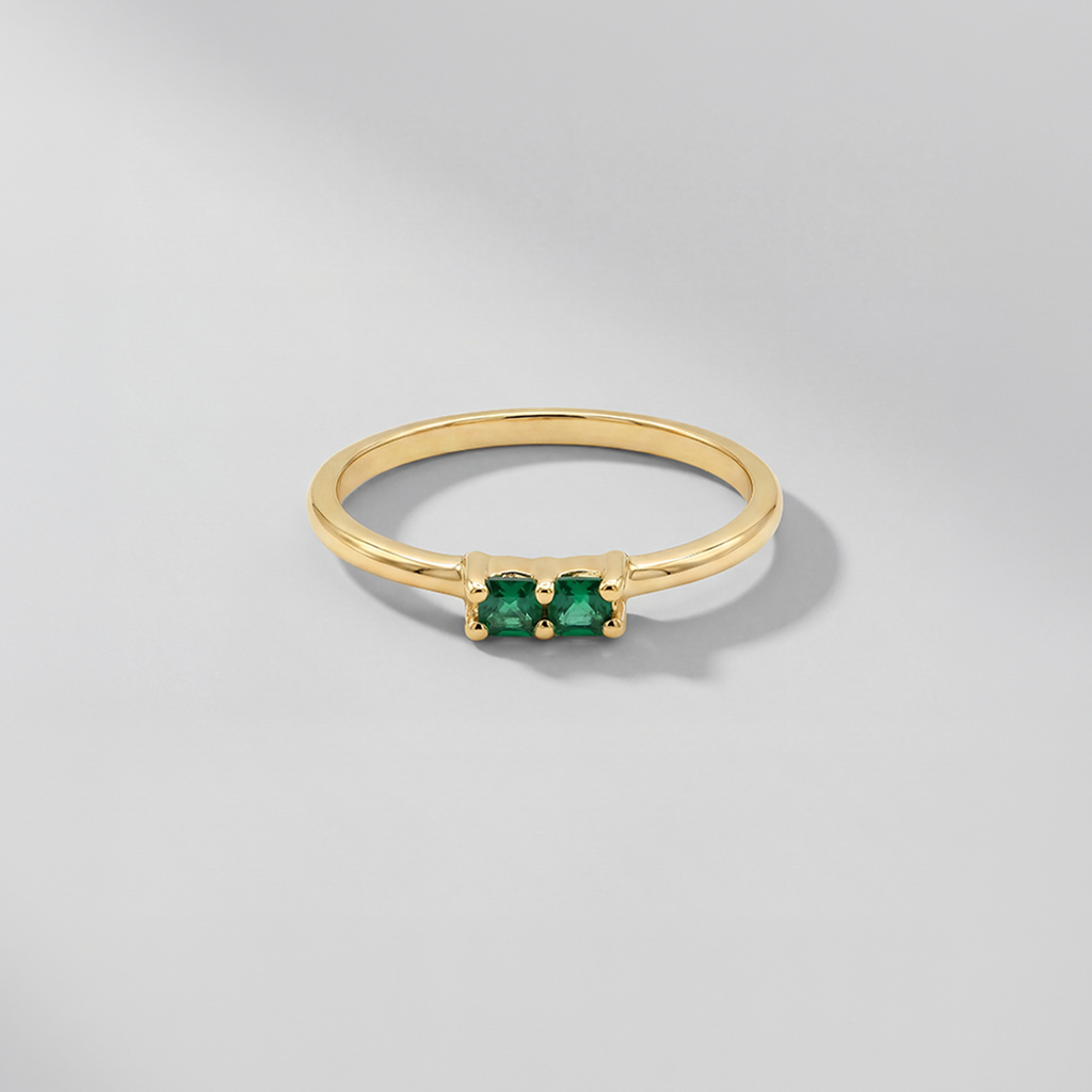 RB Jewelry Twin Band Ring - delicate gold ring with two green stones