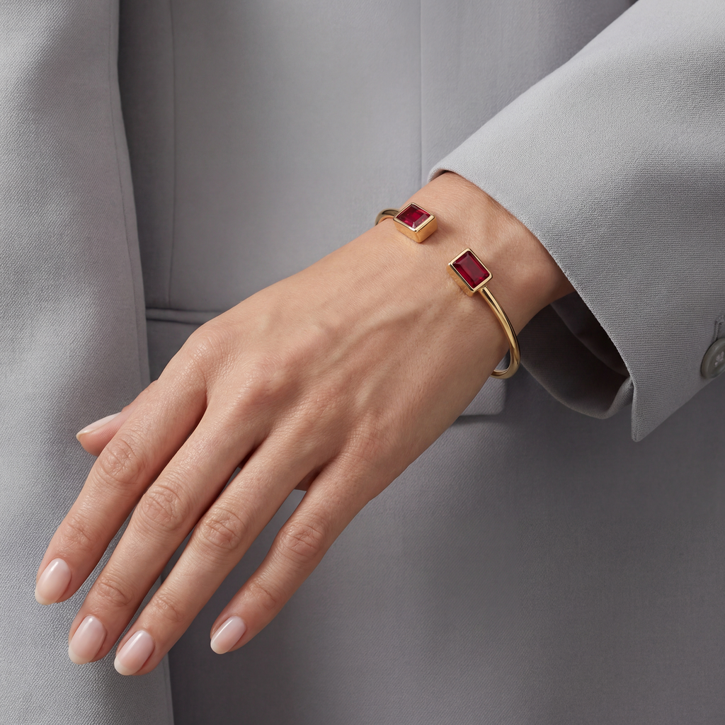 RB Jewelry Ruby Cuff - elegant gold cuff with ruby stone detail side view