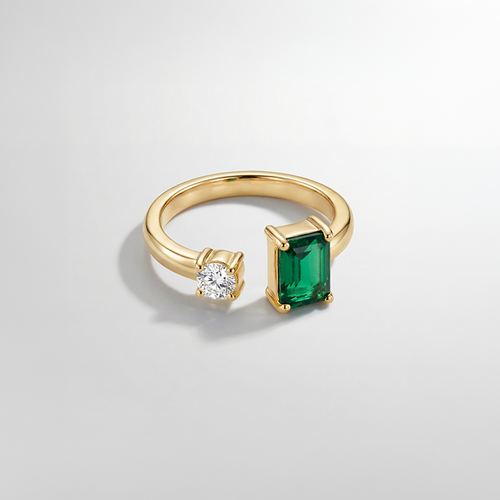 RB Jewelry Duo Stone Ring - green rectangular and clear round stone open gold ring
