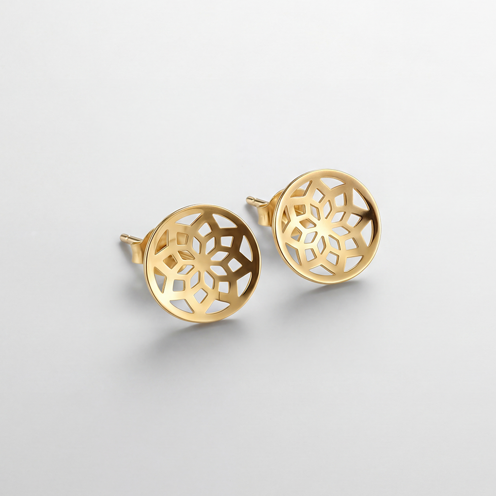 RB Jewelry Arabesque Earrings - detailed gold pattern stud earrings close up
