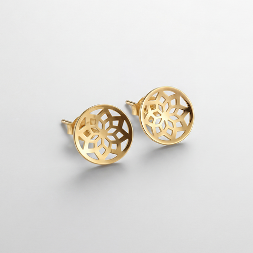 RB Jewelry Arabesque Earrings - detailed gold pattern stud earrings close up