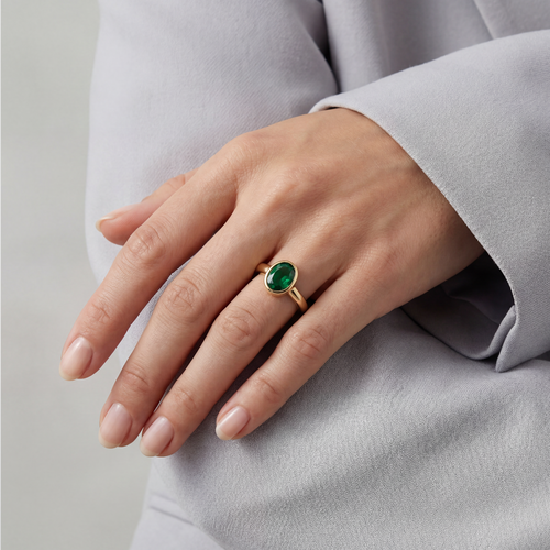RB Jewelry Core Ring - classic gold ring with green stone top view
