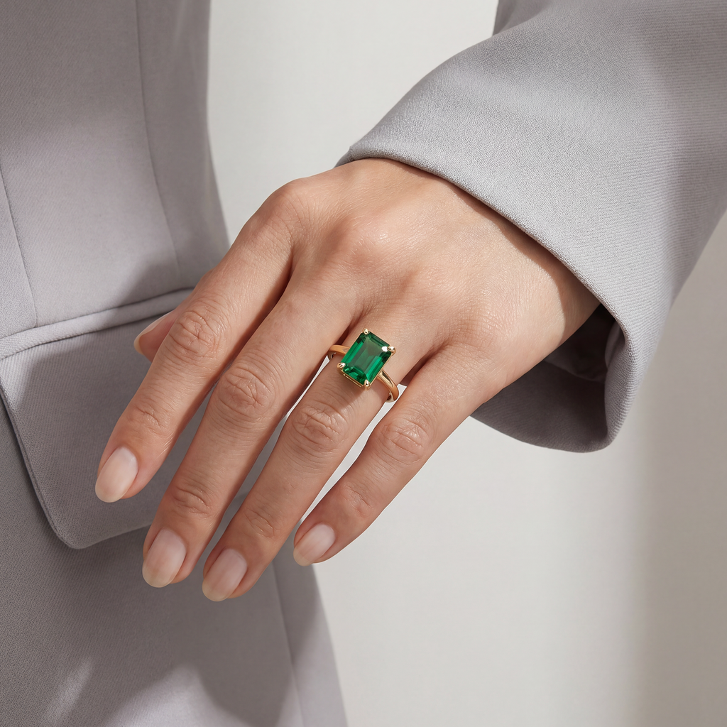 RB Jewelry Emerald Cut Ring - geometric green stone gold ring close up