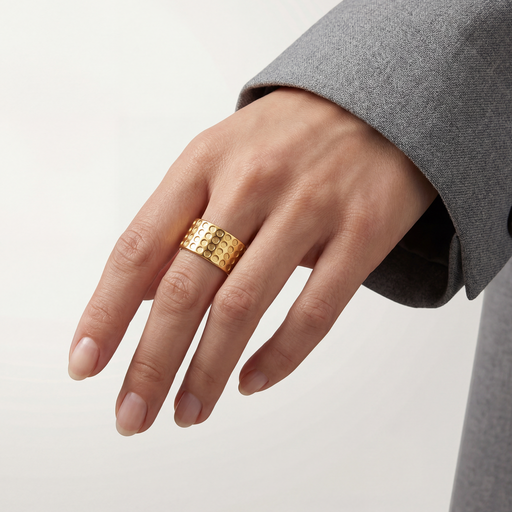 RB Jewelry Dotted Ring - wide gold open ring with soft dotted texture