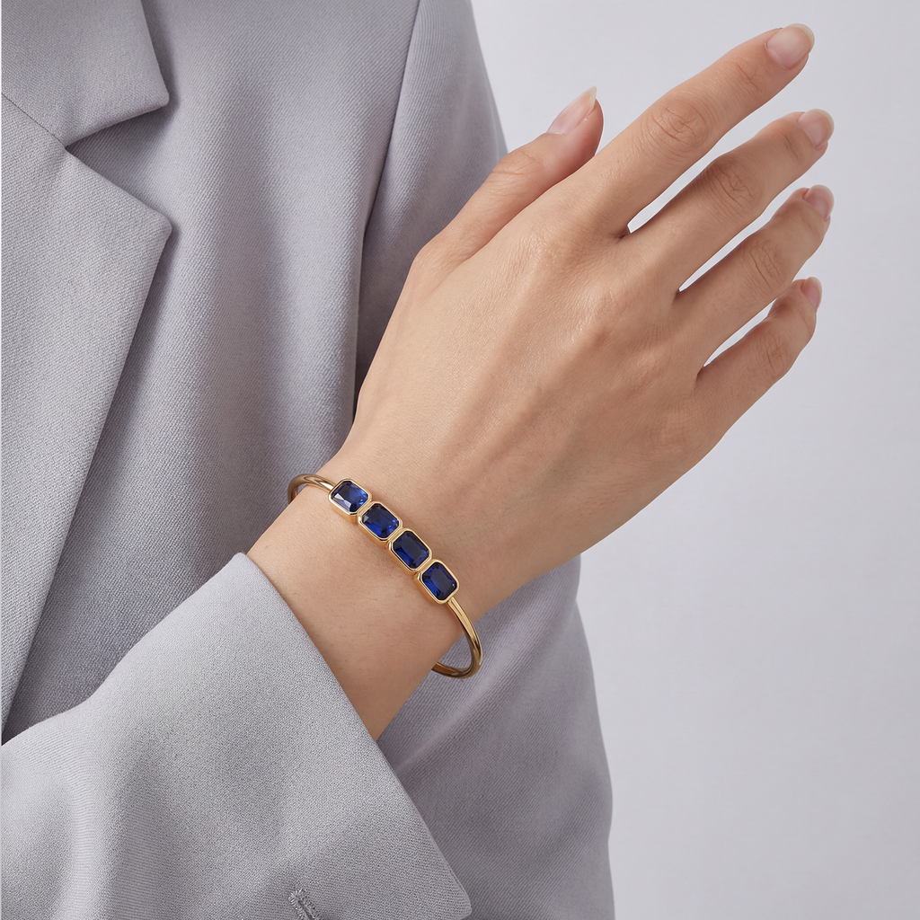 RB Jewelry Linear Cuff - minimal gold cuff with blue stone detail side view
