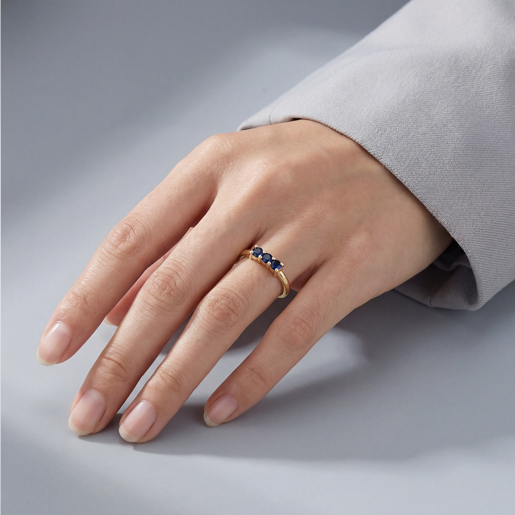 RB Jewelry Trio Stone Ring - three blue stone gold ring top view