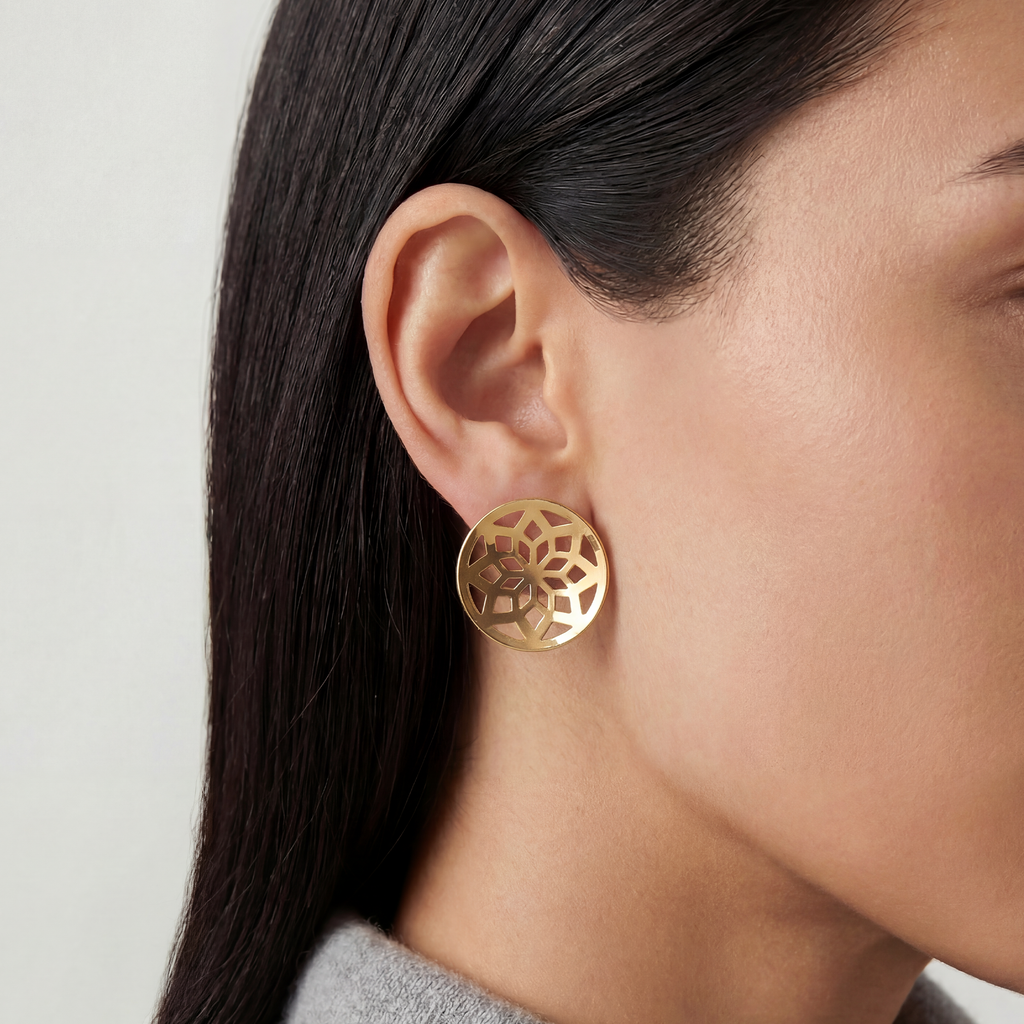 RB Jewelry Arabesque Earrings - gold stud earrings with open cut arabesque pattern