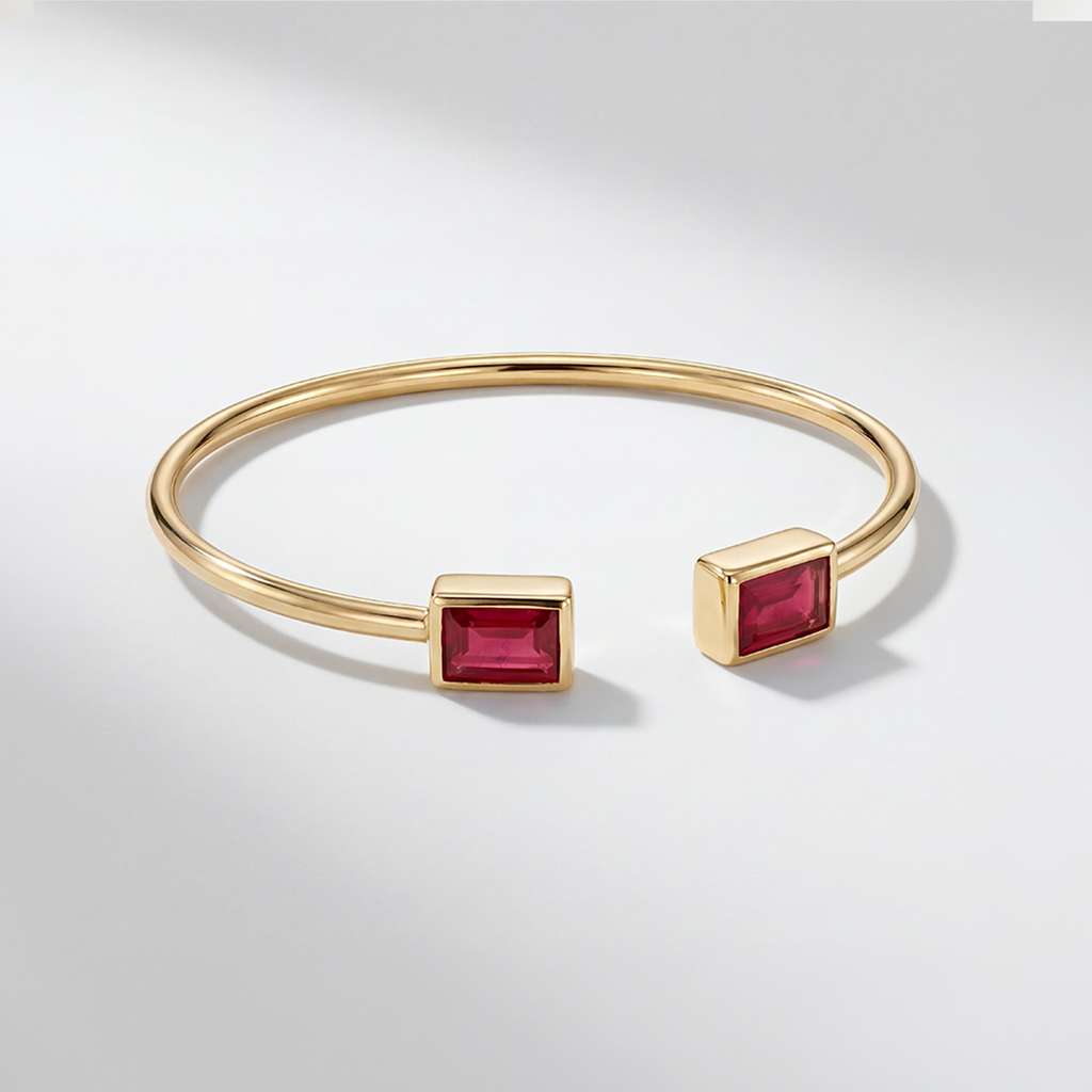 RB Jewelry Ruby Cuff - slim gold open cuff bracelet with red stone ends